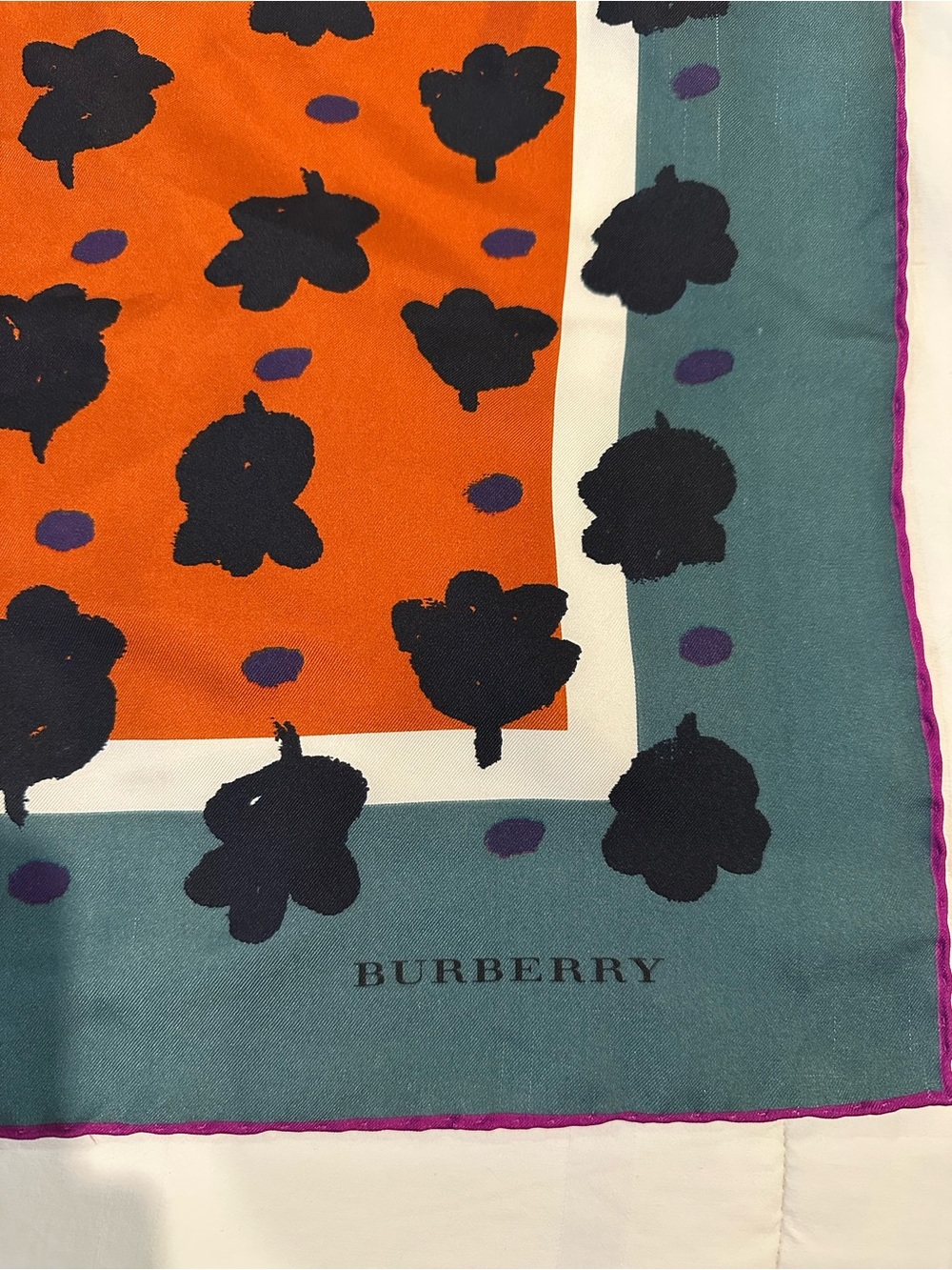 Burberry Silk Scarf with Teal, Navy & Purple Accents
